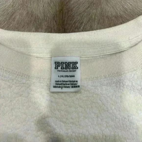 PINK Victoria’s Secret Pink Script Logo LARGE Sherpa Crew Sweatshirt Pullover VS - Picture 3 of 6